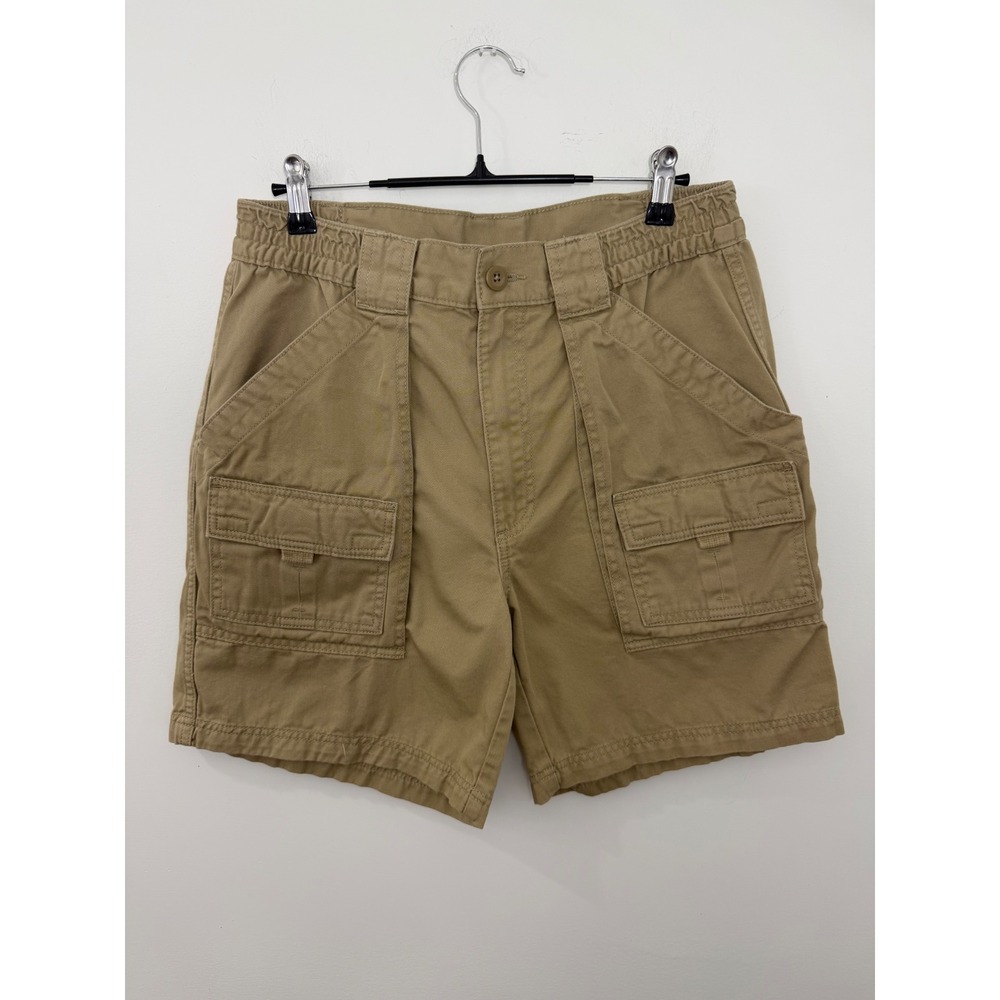 St Johns Bay Mens Khaki Cargo Shorts Size 32 Cotton Utility Elastic Waist Tan